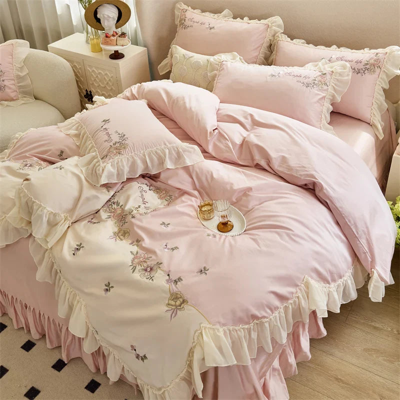 Afralia™ Flowers Lace Ruffles Princess Wedding Bedding Set 1000TC Egyptian Cotton Collection