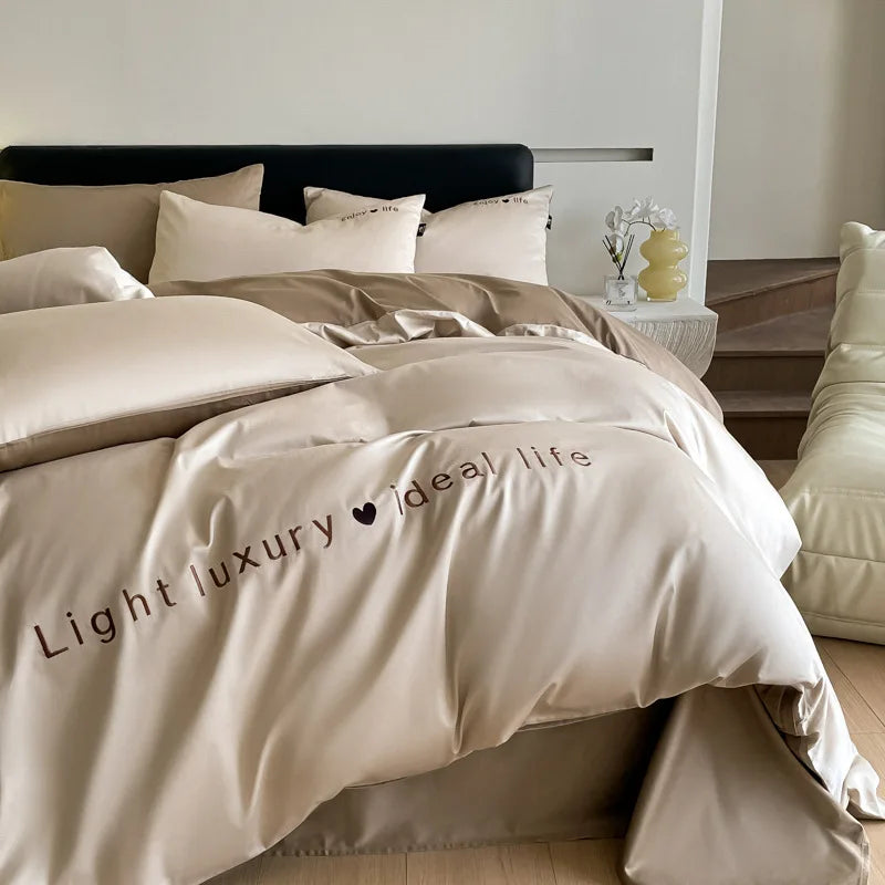 Afralia™ Pure Cotton Embroidered Bed Sets Solid Color Fitted Sheet Kit, Cozy Comforter Sets