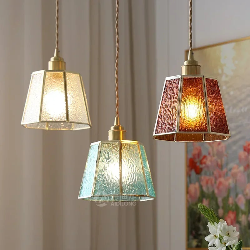 Afralia™ Colorful Glass Copper LED Pendant Light for Kitchen Bedroom Living Room Loft