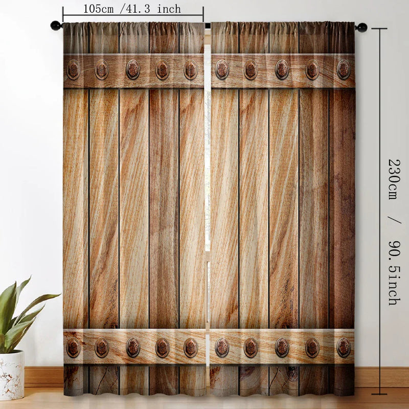 Afralia™ Wooden Doors Brown Curtains with Pole Pocket. Suitable for Home, Kitchen, Coffee Shop