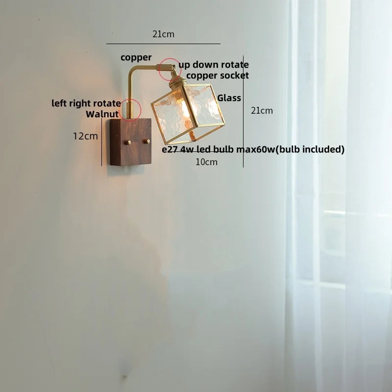 Afralia™ Walnut LED Wall Lights Pull Chain Switch Bedside Lamp Vintage Cube Glass Stair Light