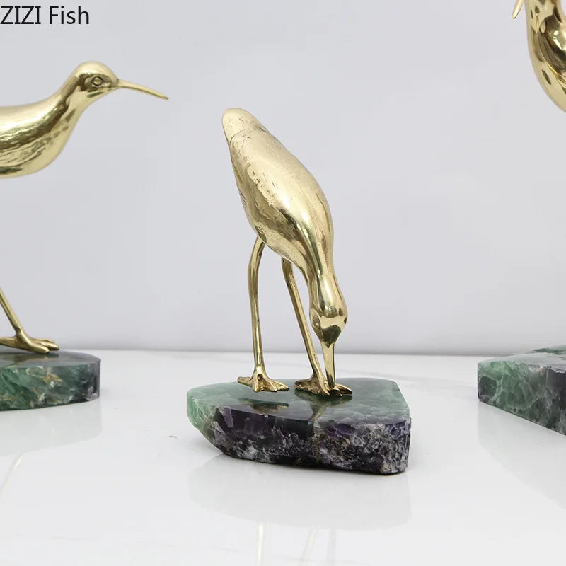 Afralia™ Golden Brass Bird on Marble Base Desk Ornament Statue Artwork Decor