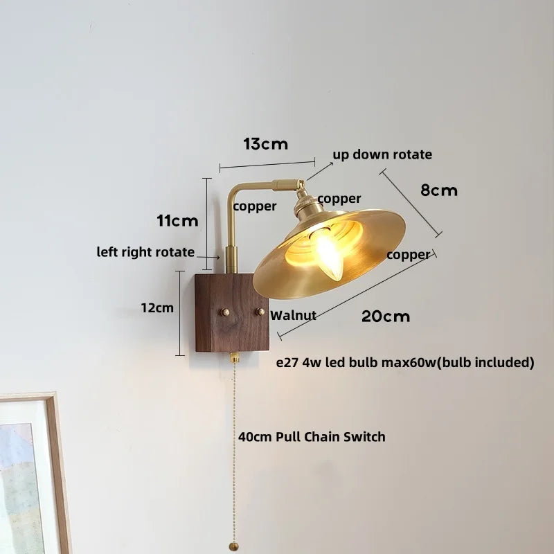 Afralia™ Wood LED Wall Light Up Down Rotate Copper Bedside Lamp