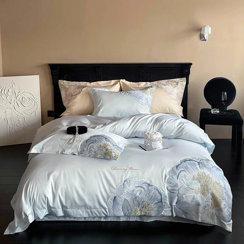 Afralia™ Luxury Pink Blue Champagne Flowers Embroidery Bedding Set 1000TC Egyptian Cotton