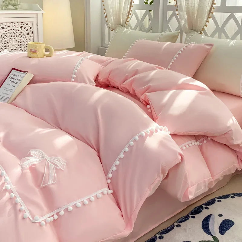 Afralia™ Pearl Lace Bowknot Princess Bedding Sets for Girl Woman Bedroom