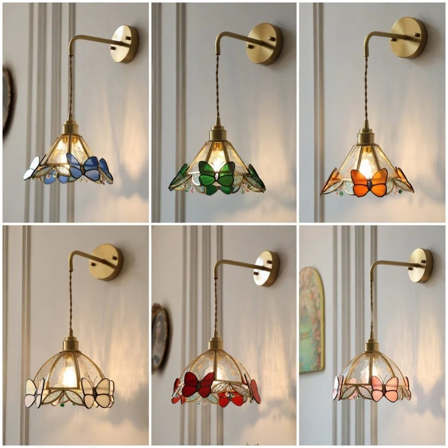 Afralia™ LED Butterfly Glass Wall Lamp Sconce with Pull Chain Switch