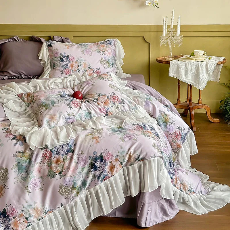 Afralia™ French Flowers Lace Ruffles Princess Bedding Set with 1000TC Egyptian Cotton