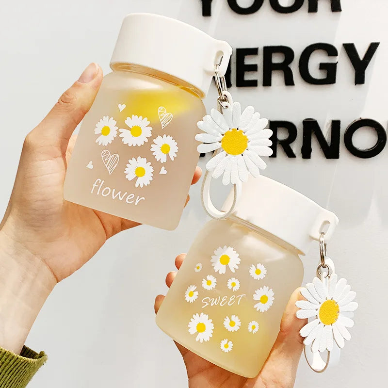 Afralia™ Daisy Flower Glass Water Bottle Portable Tumbler 350ML