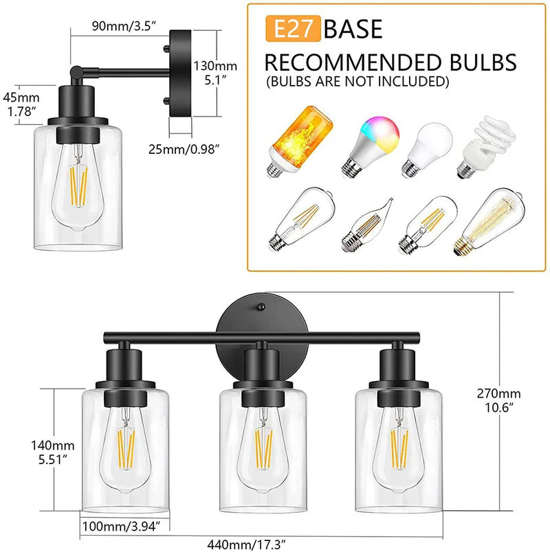 Afralia™ Retro 3-Head Glass Bathroom Wall Lamp