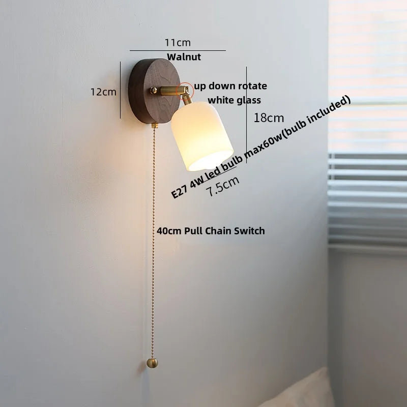 Afralia™ Nordic LED Wall Lamp Rotate Walnut Pull Chain Switch Mirror Light