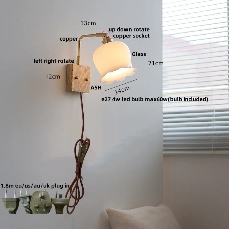 Afralia™ Ash Wood LED Wall Light Fixture with Pull Chain Switch, Modern Nordic Design