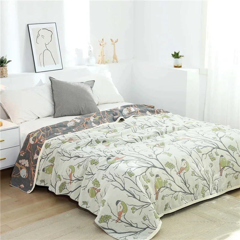 Afralia™ Japanese Cotton Single Bedspread with Pillow Towel - Floral Birds Design