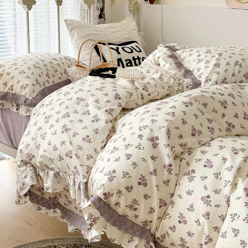 Afralia™ French Floral Print Double Layer Lace Ruffles Bedding Set