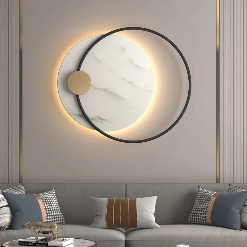 Afralia™ Modern LED Black Metal Marble Round Wall Lamp for Fancy Luxury Decor