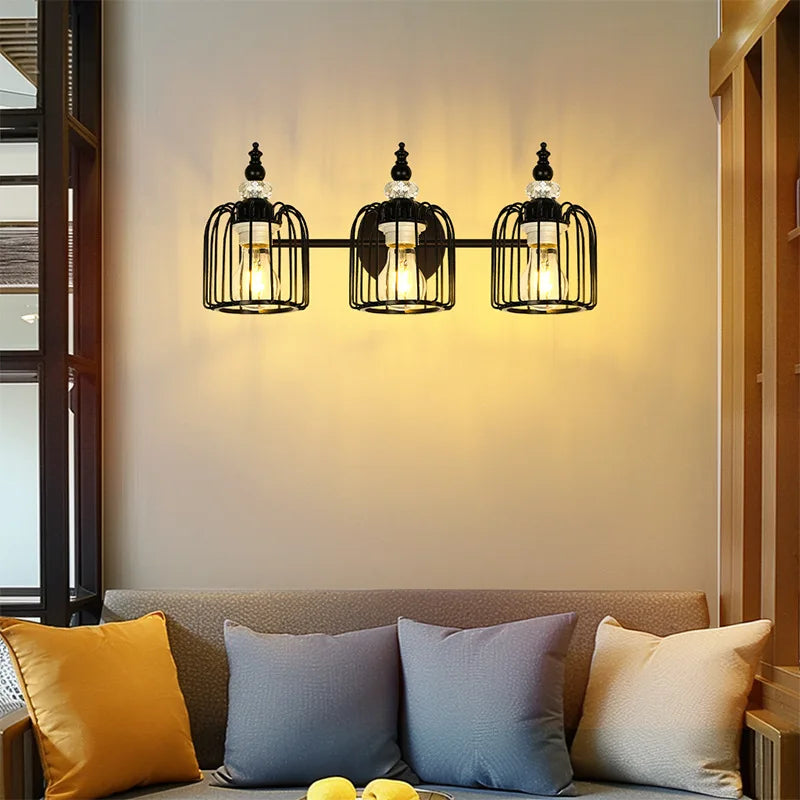 Afralia™ Wrought Iron Wall Lamp with Garlic Bead Three Head Lampshade