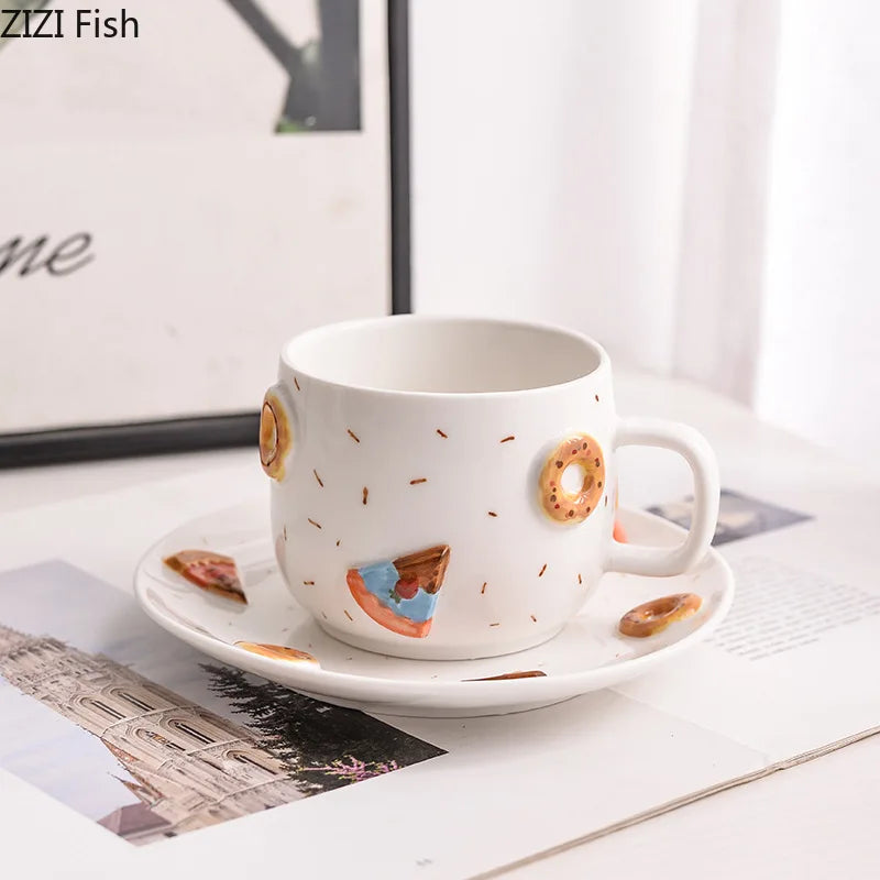 Afralia™ Pizza Donut Relief Ceramic Cup & Saucer Set for Dining Table Coffee Tea Milk Juice.