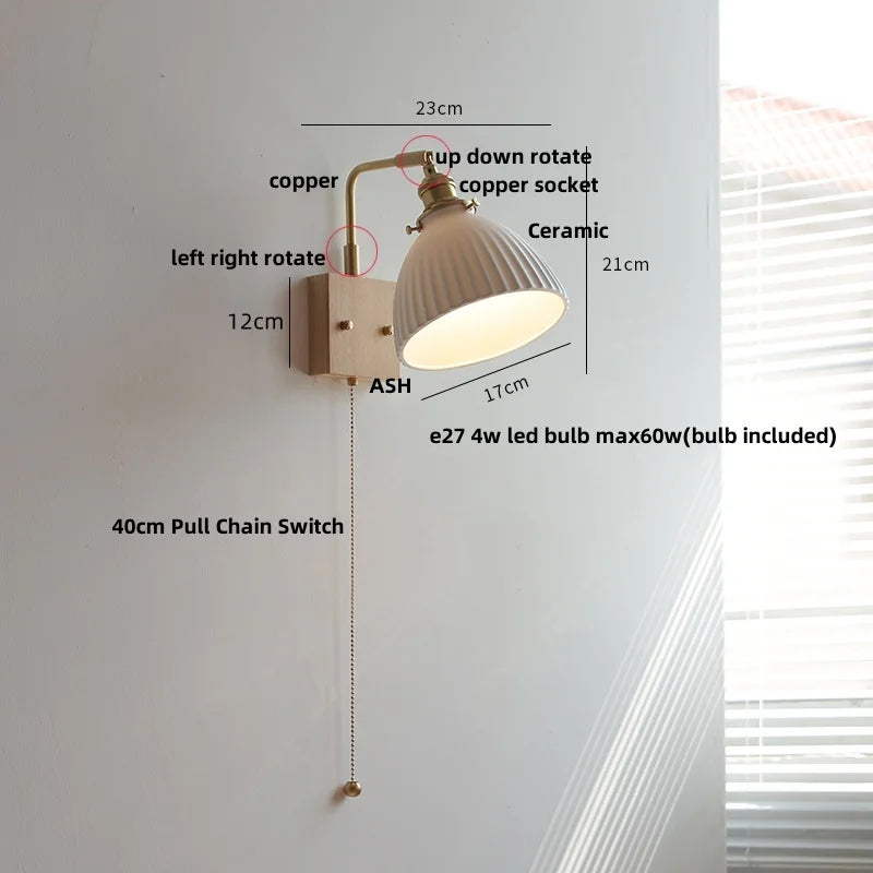 Afralia™ Nordic LED Wall Light Pull Chain Switch Rotatable Walnut Copper Bedside Lamp