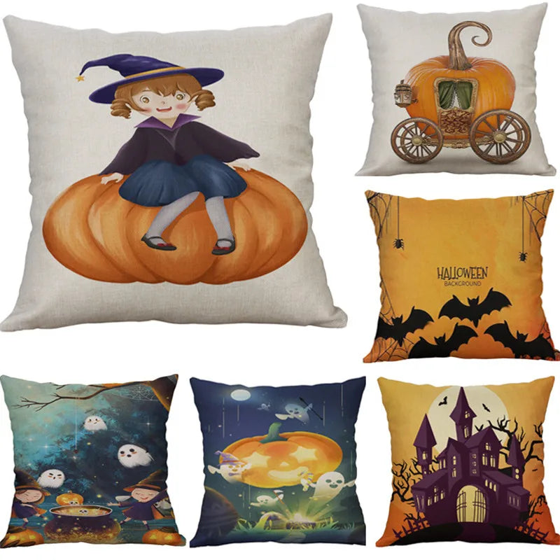 Afralia™ Halloween Pumpkin Ghost Bat Linen Pillow Cover for Sofa Decor