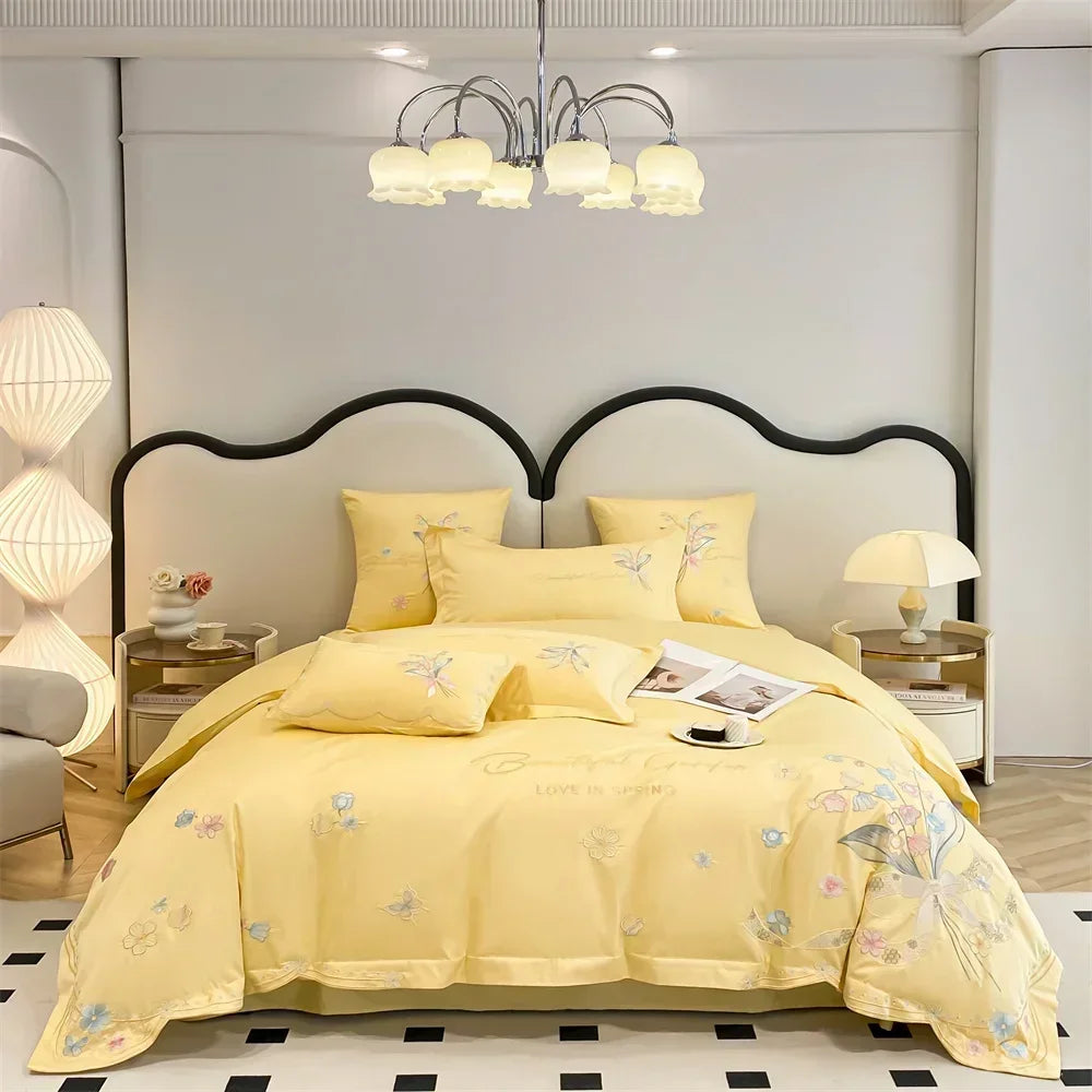 Afralia™ Butterfly Flowers Embroidery Cotton Bedding Set, 4pcs King Queen Size.