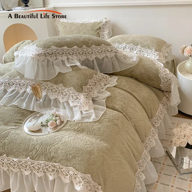Afralia™ French Lace Ruffles Velvet Bedding Set, Furry Duvet, Sheet, Pillowcases