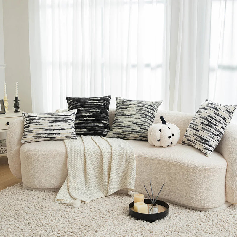 Afralia™ Plush Striped Woolen Cushion Cover in Black Gray White for Sofa