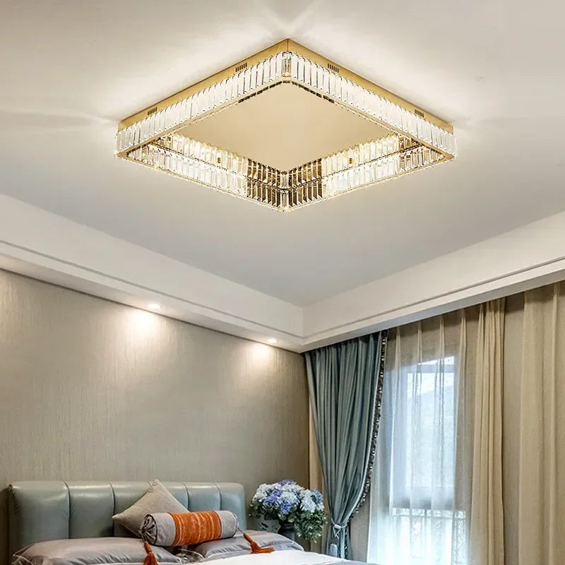 Afralia™ Square Steel Crystal Led Ceiling Light Fixture for Living Room Decor