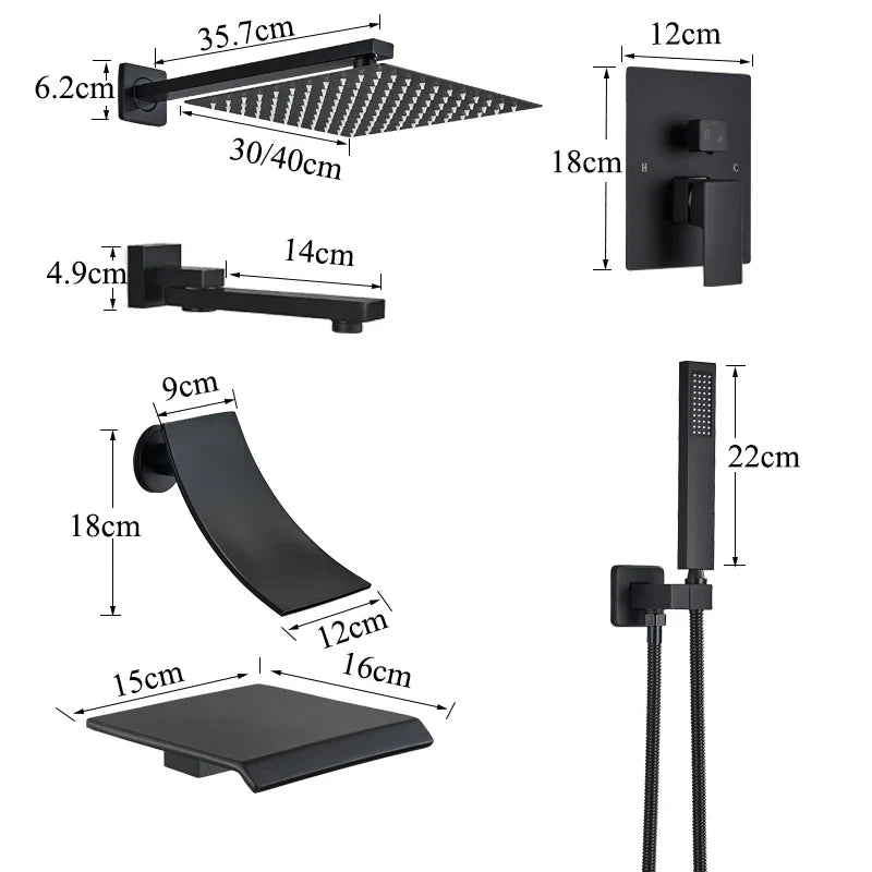Afralia™ Black Wall Mounted Shower System with Handshower - 12/16 Inch Rainwater Faucet