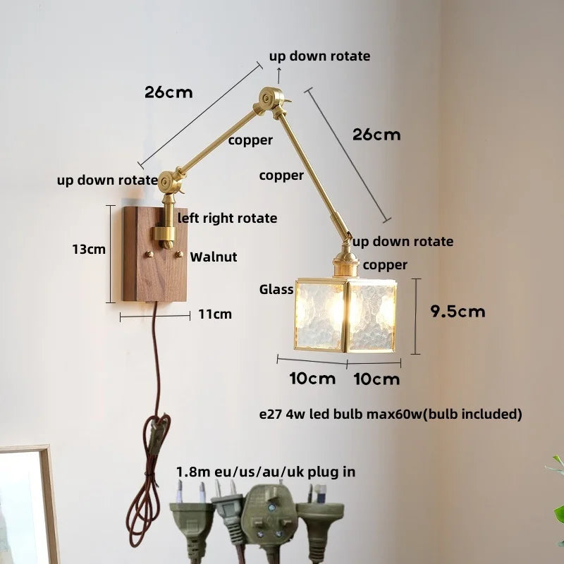 Afralia™ Cube Glass LED Wall Sconce Walnut Wood 2 Arms Rotatable Mirror Light