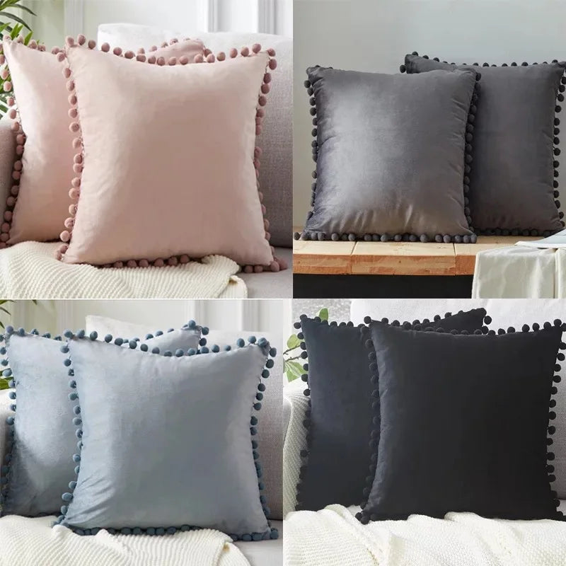 Afralia™ Soft Velvet Decorative Cushion with Ball - Blue Pink Pillow