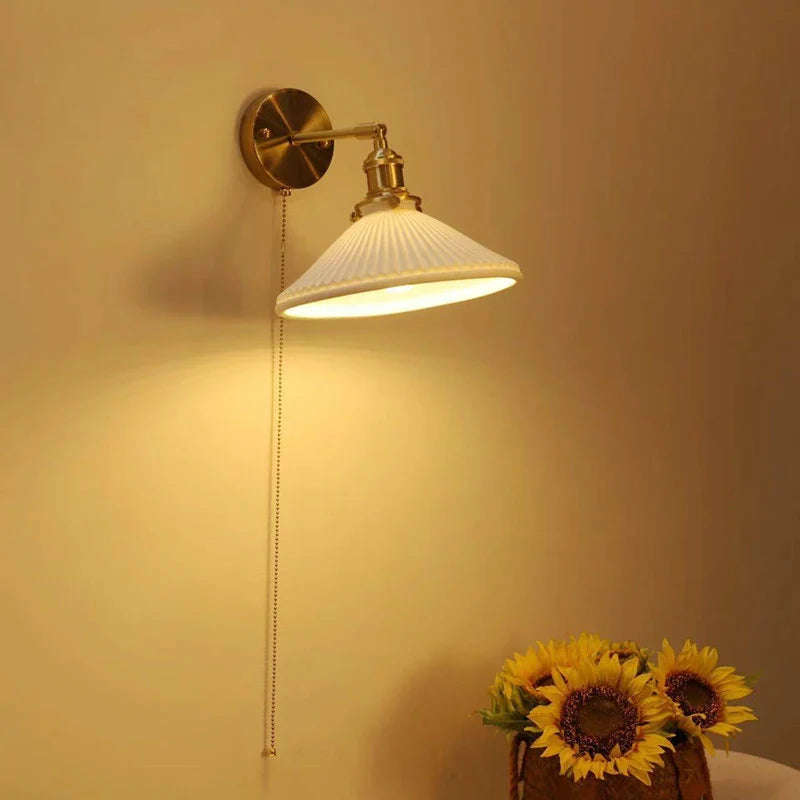 Afralia™ Ceramic Sconce Lamp, Vintage Brass Wall Light, Modern Minimalist Bedside Reading Lamp