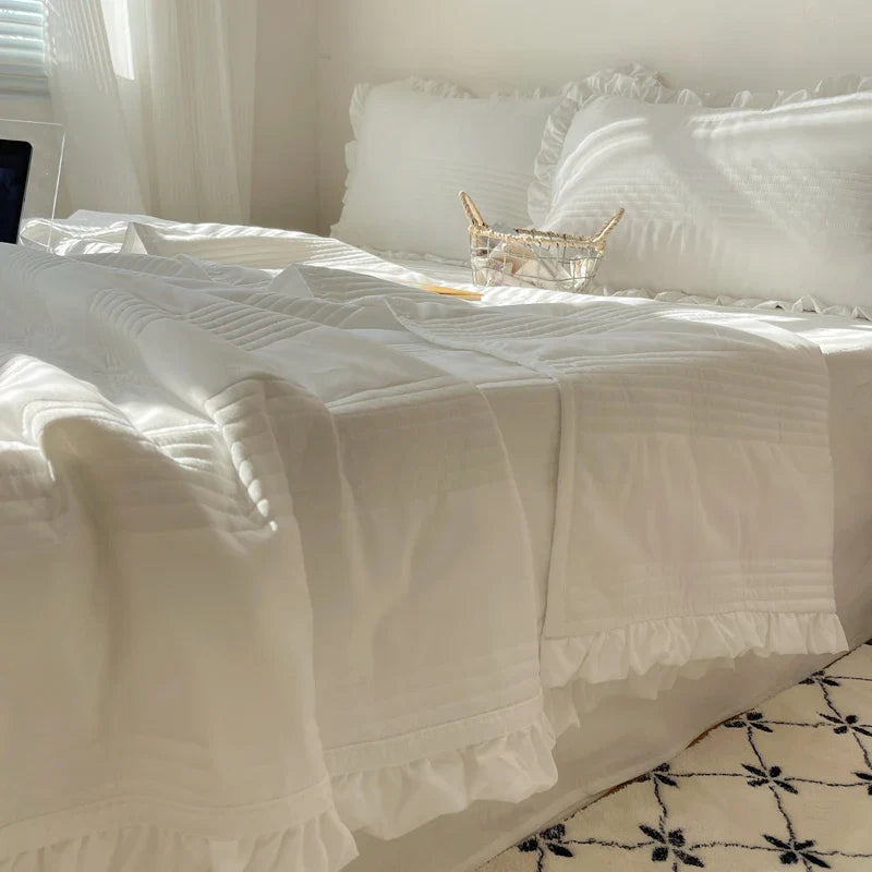 Afralia™ Korean Princess Lace Ruffles Summer Quilt Bedspread - 3Pc Bedding Set