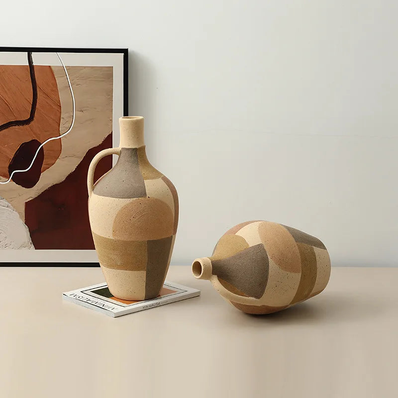 Afralia™ Checkered Color-blocked Ceramic Vase with Geometric Handle