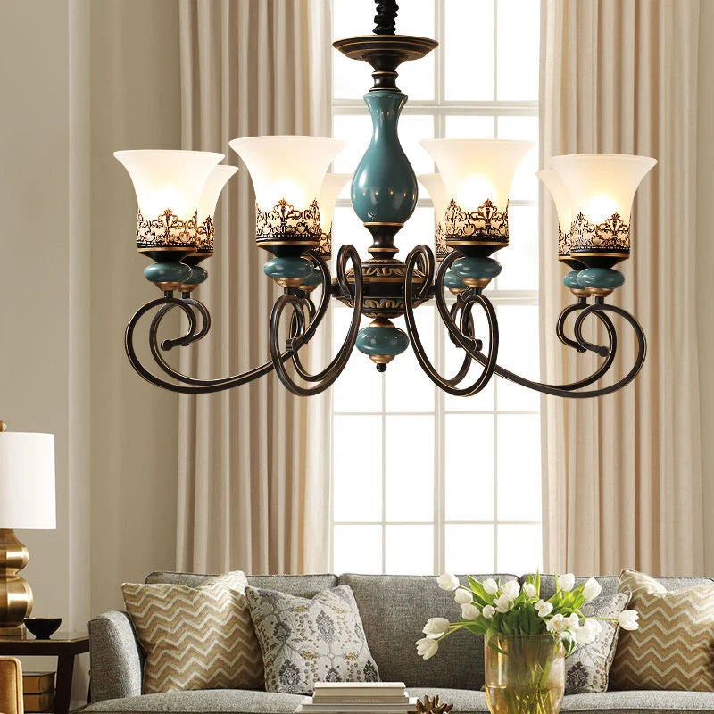 Afralia™ Vintage Ceramic Chandelier: European Classic Design, Glass Lampshade, Metal Arm Light
