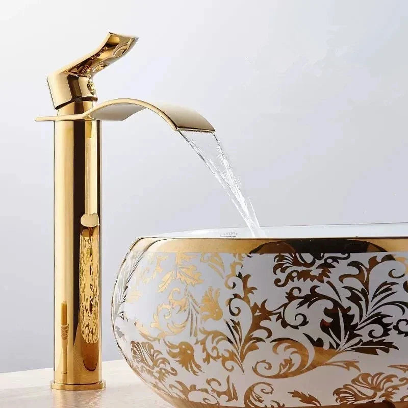 Afralia™ Gold Waterfall Bathroom Faucet Single Handle Basin Mixer Tap Brass Sink Crane