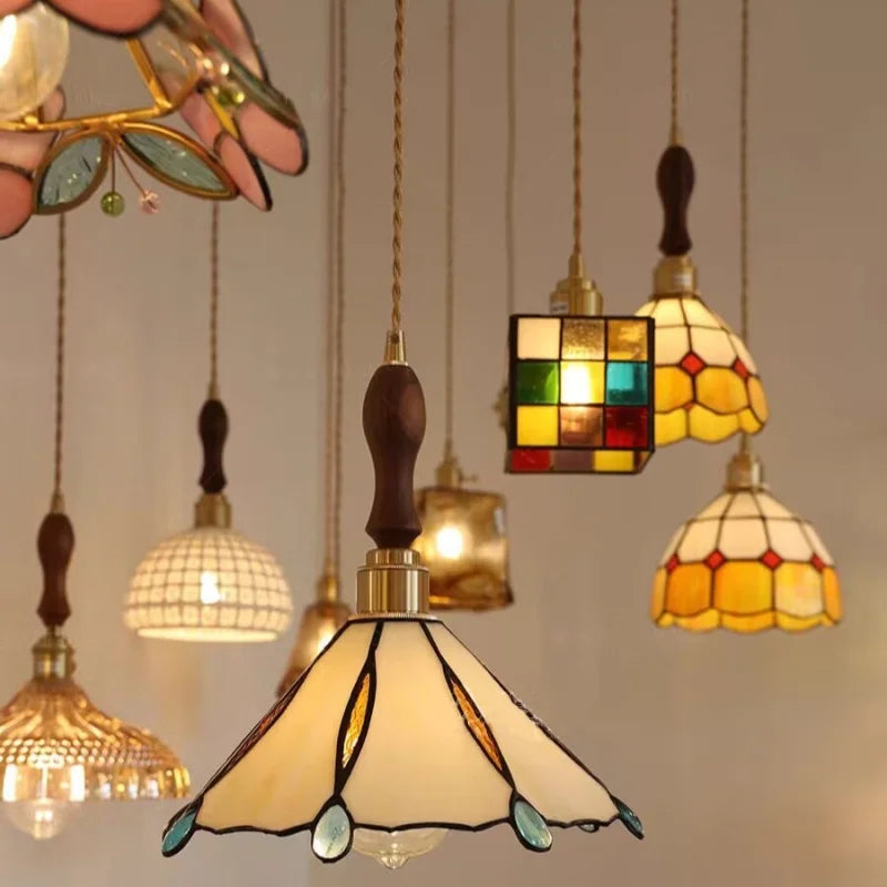 Afralia™ Tiffany Style Glass Copper LED Pendant Lights for Dining Room and Balcony