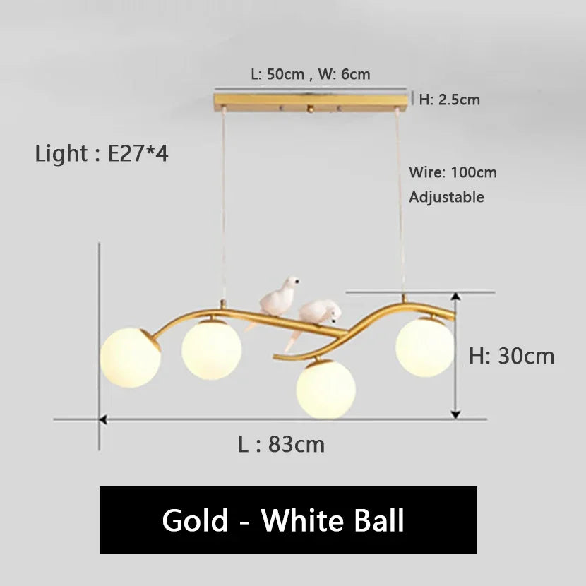 Afralia™ Birds Hanging Glass LED Chandelier in Black & Gold Iron - Modern Kitchen Island Light