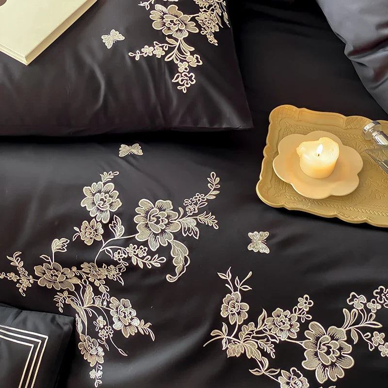 Afralia™ Egyptian Cotton Flowers Embroidery Bedding Set in Black, Red, and Khaki