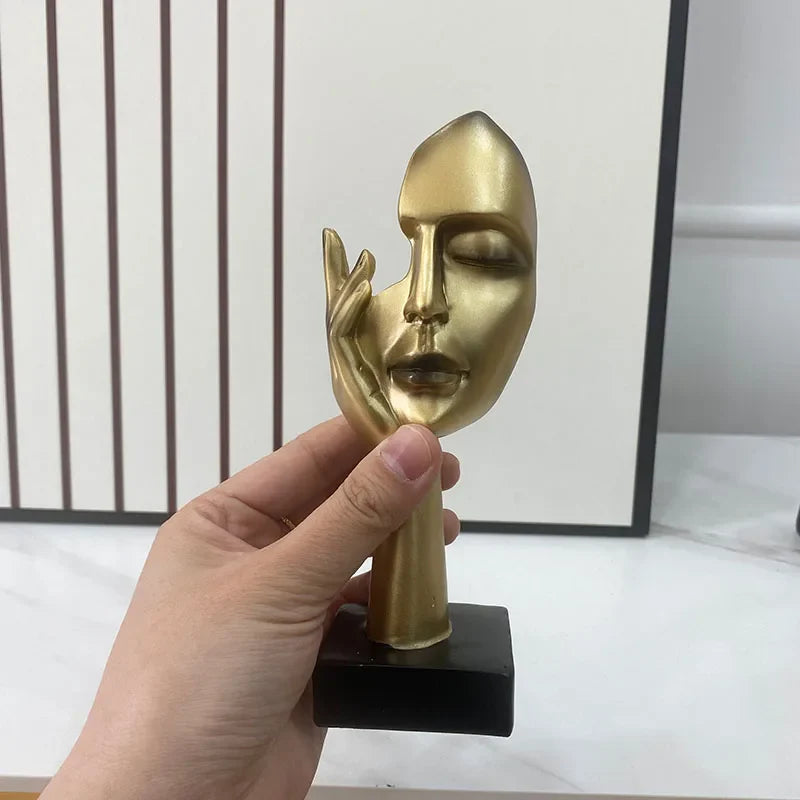 Afralia™ Golden Abstract Mask Statue 16cm Art Figure Thinker for Home Office Decor