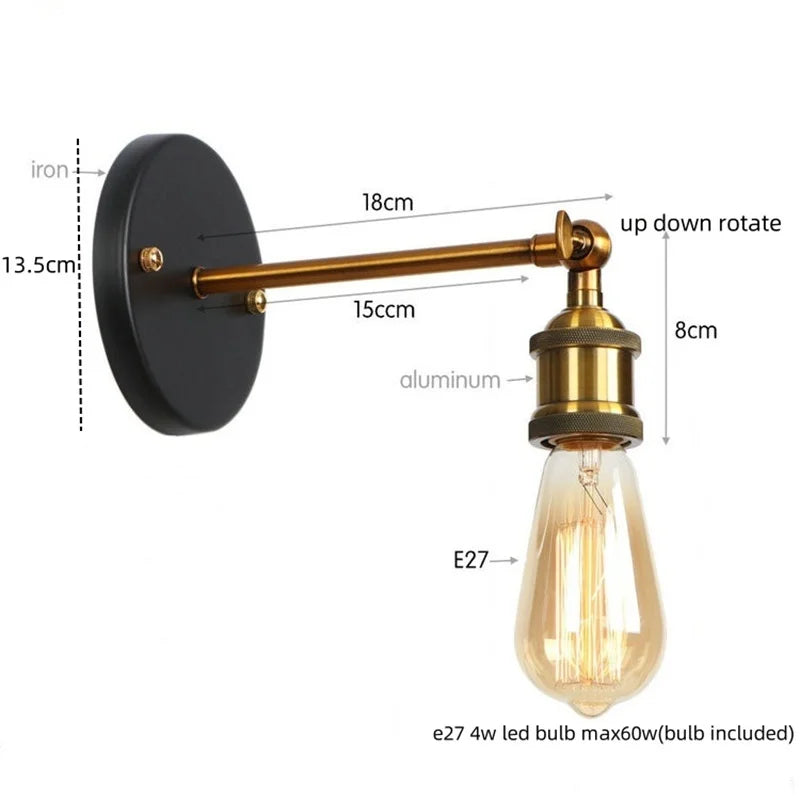 Afralia™ Retro Iron LED Wall Lamp Sconce, Gold Vintage Indoor Luminaire for Bedroom, Cafe