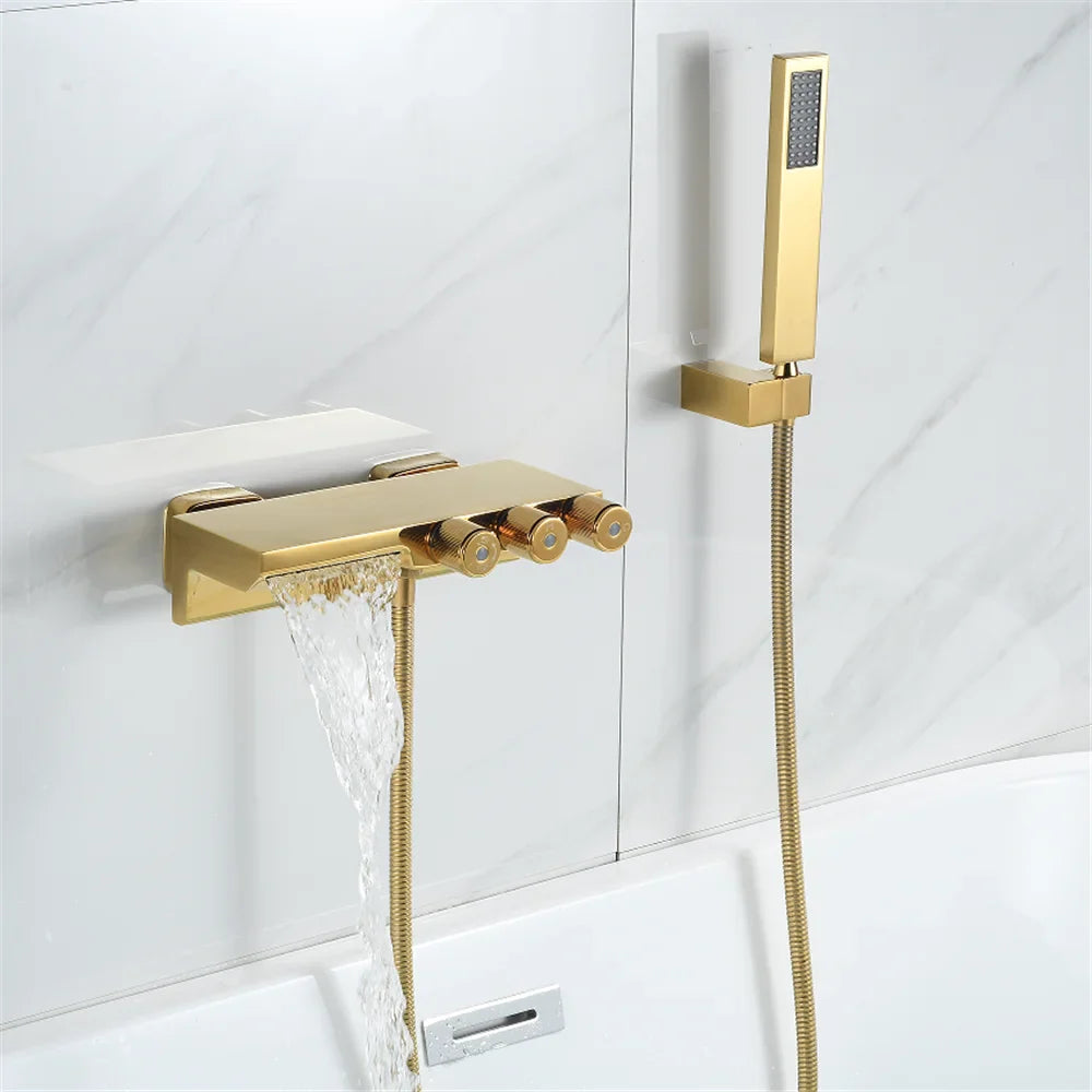 Afralia™ Gold/Black Tub Shower Set Wall Mount Waterfall Mixer Tap Brass Rotatable