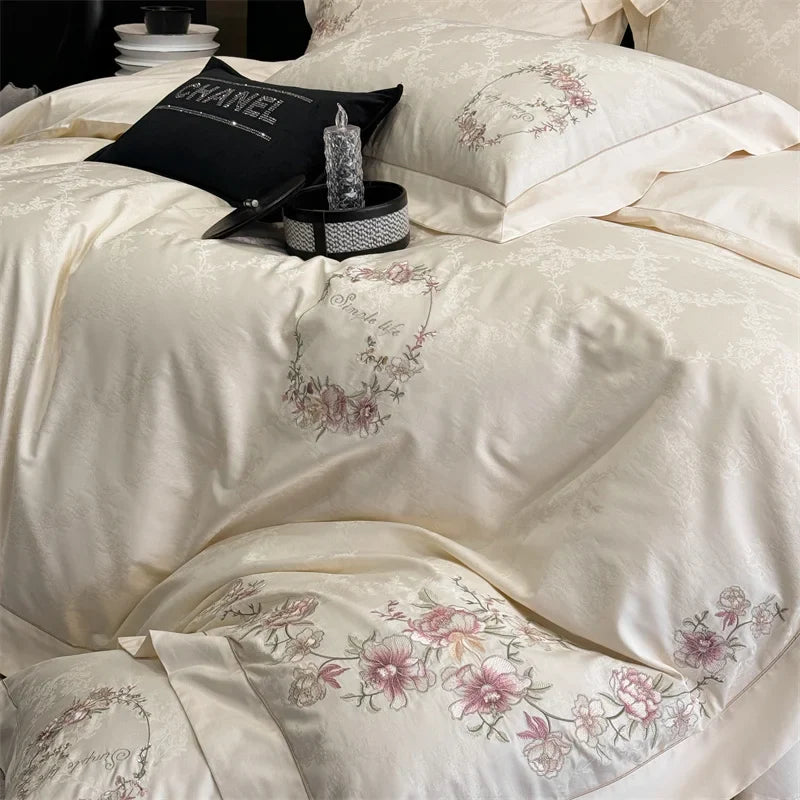 Afralia™ Silky Chic Jacquard Cotton Bedding Set with Flowers Embroidery