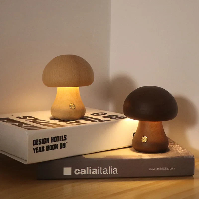 Afralia™ Wooden Mushroom LED Night Light Touch Switch Table Lamp for Children's Bedroom