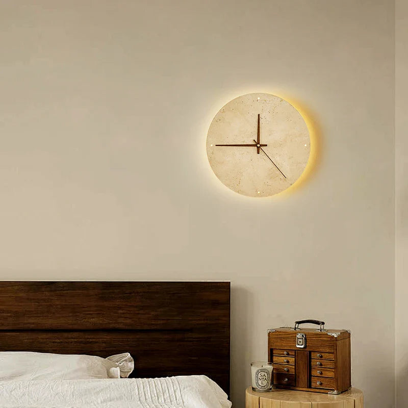 Afralia™ Vintage Wabi Sabi Yellow Travertine LED Wall Clock for Home and Bedroom