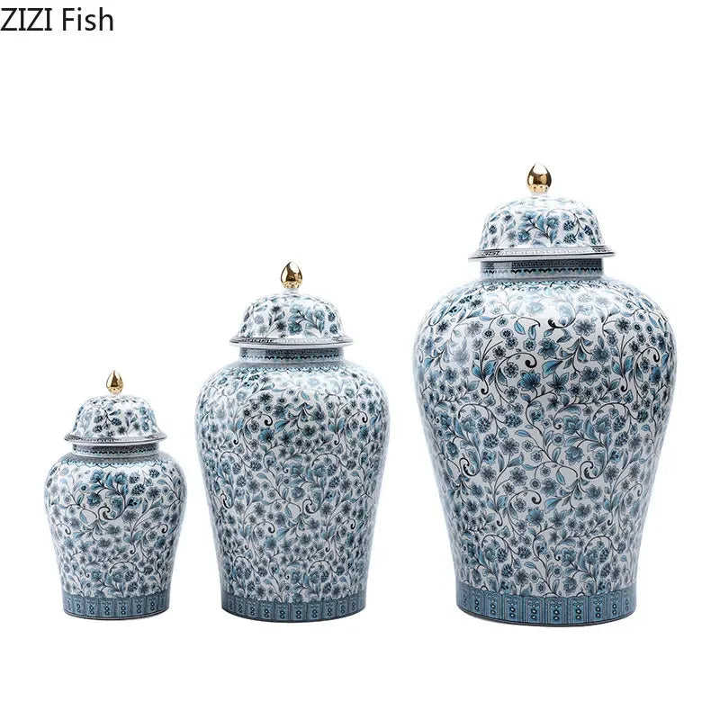 Afralia™ Blue White Ceramic Enamel General Jar Tea Canister Desk Flower Texture Pot