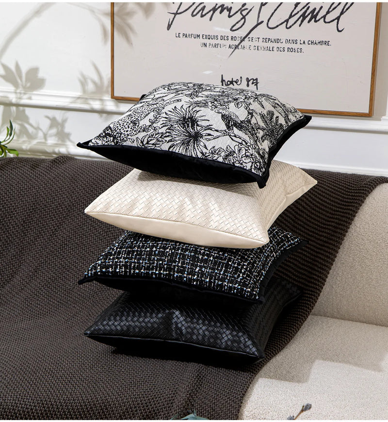 Afralia™ Forest Jacquard Cushion Cover 45*45 - Luxe Black PU Woven Autumn Pillow Cover