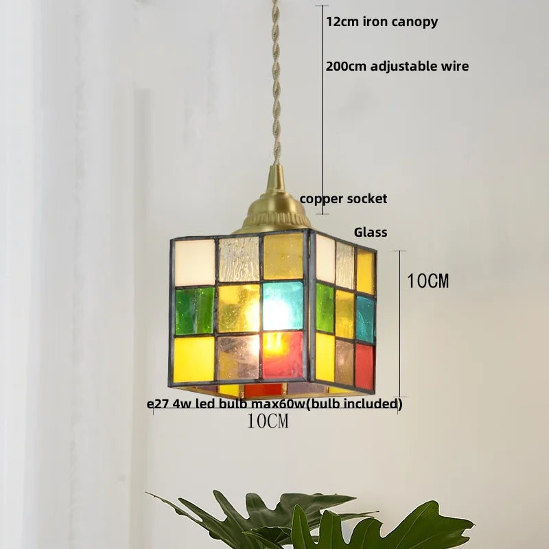 Afralia™ Colorful Glass Magic Cube LED Pendant Lights Tiffany Style Wood Hang Lamp