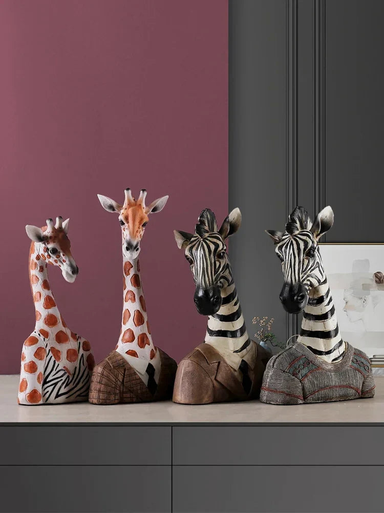 Afralia™ Zebra Giraffe Resin Animal Head Sculpture Statue Desktop Ornament