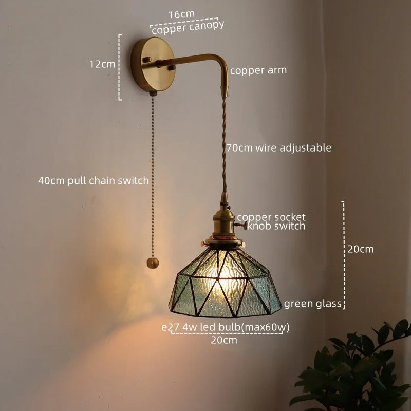 Afralia™ Copper Glass Pull Chain LED Wall Sconce for Indoor Living Room Stairway Lighting