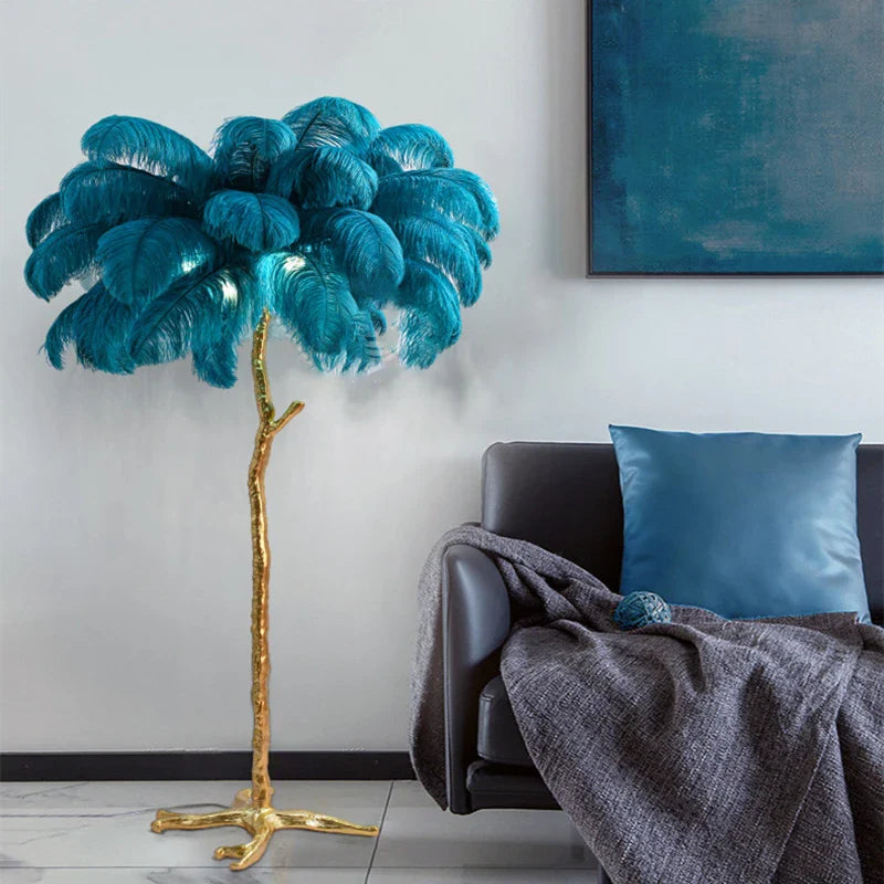 Afralia™ Ostrich Feather LED Floor Lamp - Gold Resin Modern Standing Light