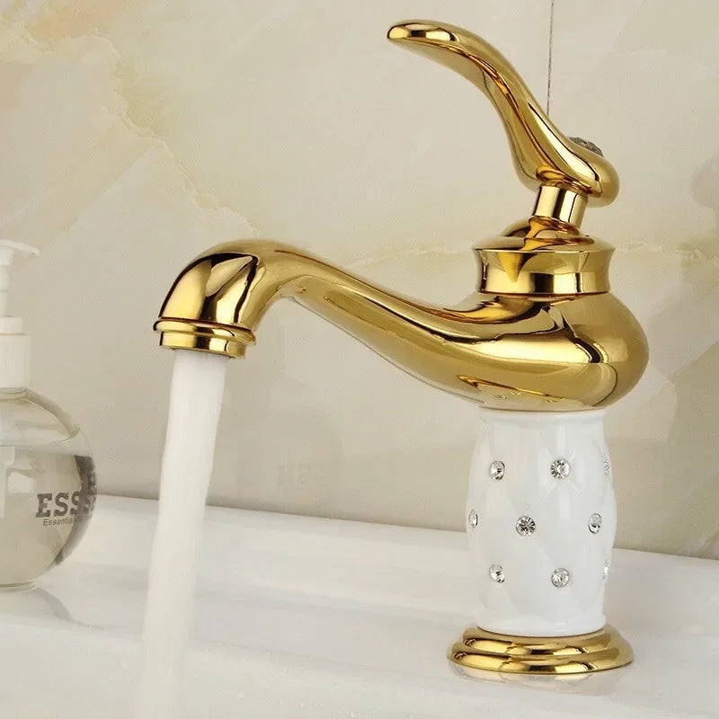 Afralia™ Gold Brass Basin Faucet with Diamond, Single Handle Hot Cold Mixer Tap